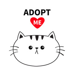 Adopt me. Dont buy. Contour cat round head silhouette. Red heart. Pet adoption. Kawaii animal. Cute cartoon kitty character. Funny baby kitten. Help homeless animal Flat design. White background