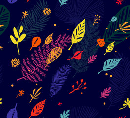 Fototapeta premium Multicolor Seamless trendy pattern, autumn background, exotic leaves. Vector botanical illustration, Great design element for fabric, wrapping paper, congratulation cards, banners, flyers and another