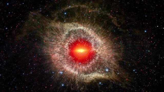 Space flight to Helix nebula eye of God, Rotating animation with flying star field and zoom in to flare light at center. Contains public domain image by NASA
