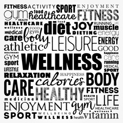 Wellness word cloud collage, health concept background