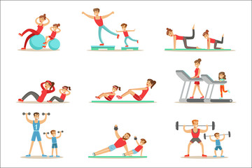 Fototapeta na wymiar Parent And Child Doing Sportive Exercises And Sport Training Together Having Fun Series Of Scenes