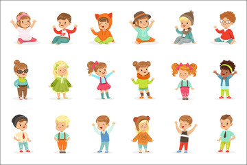 Fototapeta premium Young Children Dressed In Cute Kids Fashion Clothes, Series Of Illustrations With Kids And Style