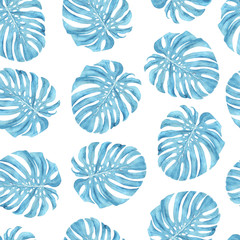 Blue monstera leaf on white background. Summer tropical pattern. Fashion print for textiles. © flovie