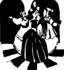 vector. three women dance. Russian style. Ink painting on white background. Dance poses.