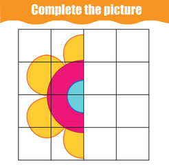Complete the picture educational children game. Printable toddlers, kids activity sheet with simple flower. Learning symmetry drawing