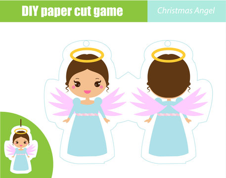 DIY children educational creative game. Paper cutting activity. Make a New Year, Christmas angel figure with glue