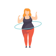 Fat girl spinning the hula hoop around the waist, obesity woman wearing sports uniform doing fitness exercise, weight loss program concept vector Illustration