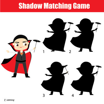 Shadow matching game. Kids activity with boy dressed in vampire costume. Halloween theme
