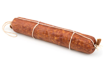 smoked salami sausage piece isolated on white background