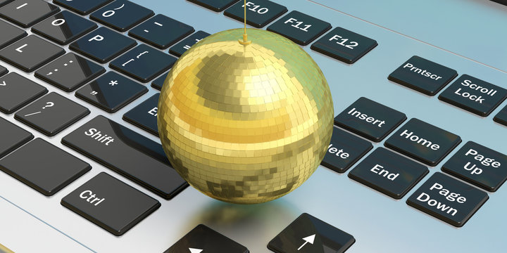 Gold Mirror Disco Ball On A Computer Background, 3d Illustration