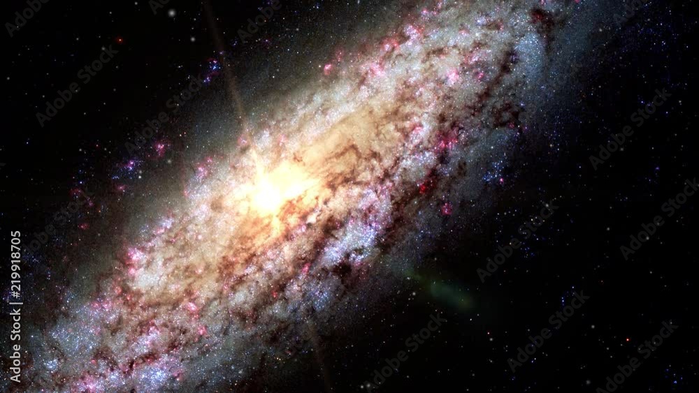 Wall mural spiral lost in space galaxy ngc 6503 zoom in outer space stars field and flare light, 3d animation. 