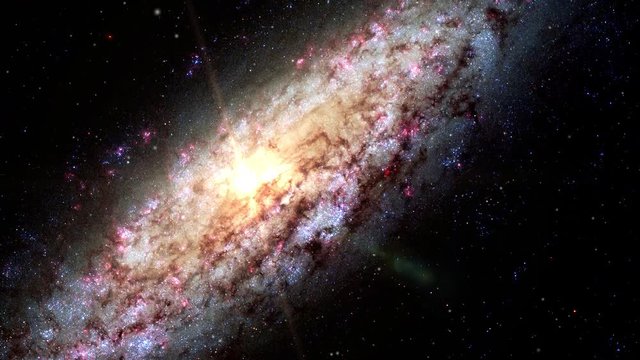 Spiral lost in space galaxy ngc 6503 zoom in outer space stars field and flare light, 3D animation. Contains public domain image by NASA