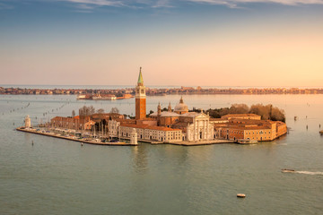 Fototapeta na wymiar Aerial view of San Giorgio Maggiore Island in Venice, Italy. Sunset.
