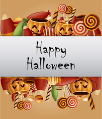 Halloween background pumpkins basket and collected candy
