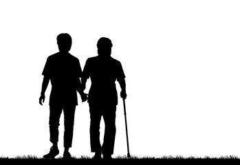  silhouette of the old man and son walk in the park    on a white background.