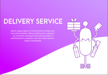 Landing page design template for delivery service. Cute robot, friendly android delivering post boxes