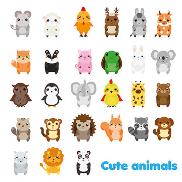 Cute animals. Big set of cartoon kawaii wildlife, forest and farm animals icons