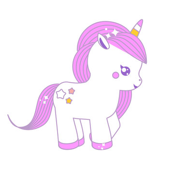Cute unicorn. Fairy pony, magic horse. Isolated vector illustration in kawaii style for stickers and fashion prints
