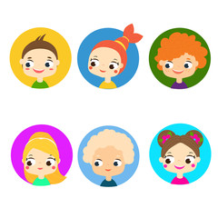 Cartoon children faces. Colorful kids avatars. Cute boys and girls labels, icons