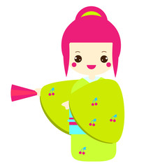 Cute kokeshi in kimono. Traditional japanese doll holding tan. Vector icon in kawaii style