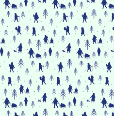 Winter people figures. Men and women carry Christmas and New Year gifts, enjoy park walking and seasonal outdoor activity. Vector pattern or background for winter holidays design