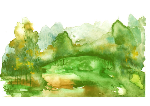 Watercolor autumn, summer green wood. green silhouette, landscape, trees and bushes, spruce on a hill. Linear pattern on white isolated background. abstract splash of paint. 