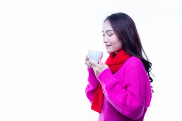 Charming beautiful woman drinks hot coffee or tea in winter season. Attractive beautiful women get nice smell of coffee or tea. Gorgeous beautiful girl hold cup of coffee. isolated white background