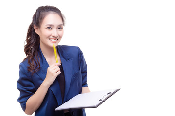 Portrait charming beautiful business woman. Attractive beautiful businesswoman hold pen, paperwork and file. Gorgeous secretary gets happy her job with smile face copy space isolated white background