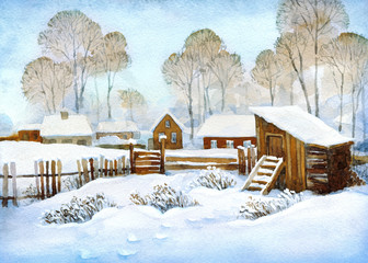 Fototapeta premium Watercolor landscape of old winter village