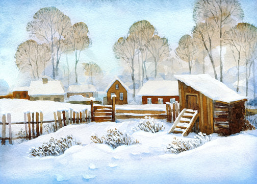 Watercolor landscape of old winter village