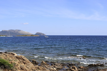 Fototapeta na wymiar Vista Tavolara da spiaggia presso Golfo Aranci, Sardegna, Italia