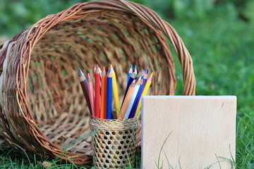 Colored pencils with a basket of knowledge on the grass