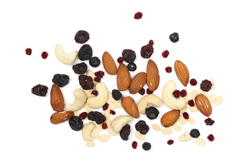 Mix of various nuts, raisins, berries and seeds isolated on white background, top view