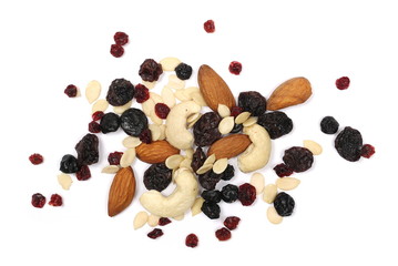 Mix of various nuts, raisins, berries and seeds isolated on white background, top view