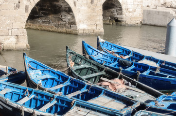Fototapeta na wymiar Famous blue Boats at a Fishing Port of Essaouira on in Morocco 