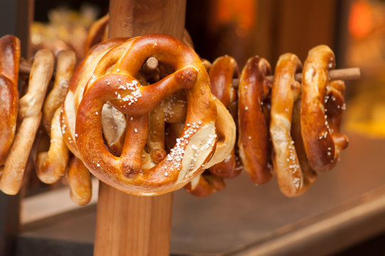 closeup of salted pretzels  in traditional alsatian store