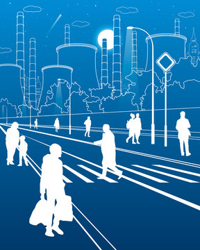 Infrastructure and urban illustration. People walking at the street. Illuminated highway. Factory thermal power plant. Modern night city. White lines on blue background. Vector design art