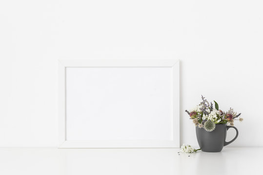 White a4 landscape portrait frame mockup with Empty frame, poster mock up for presentation design. Template frame for text, lettering, modern art.