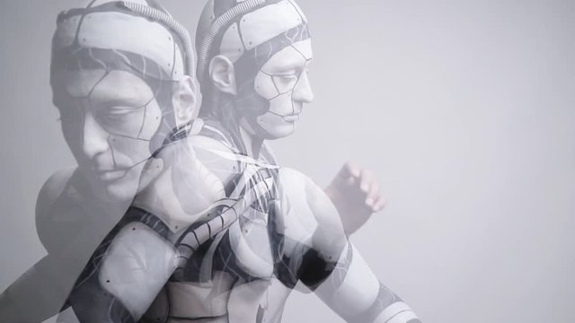 Male cyborg checks the performance of his body
