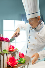 Cook cuts a huge cake