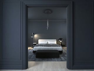 Luxury minimal black bedroom with wood floor