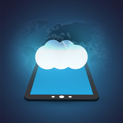 Cloud Computing Design Concept with Tablet and World Map - Digital Network Connections, Technology Background