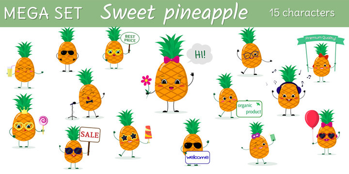 Mega set of fifteen pineapples character in different poses and accessories in cartoon style.