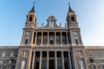 Fototapeta na wymiar Almudena Cathedral of Madrid. Low angle view