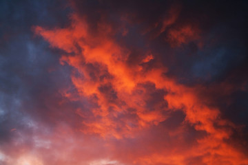 red cumulus clouds illuminated by the setting sun in the evening