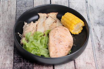 Chicken fried steak without skin served with green oak ,Eryngii mushroom and golden needle mushroom