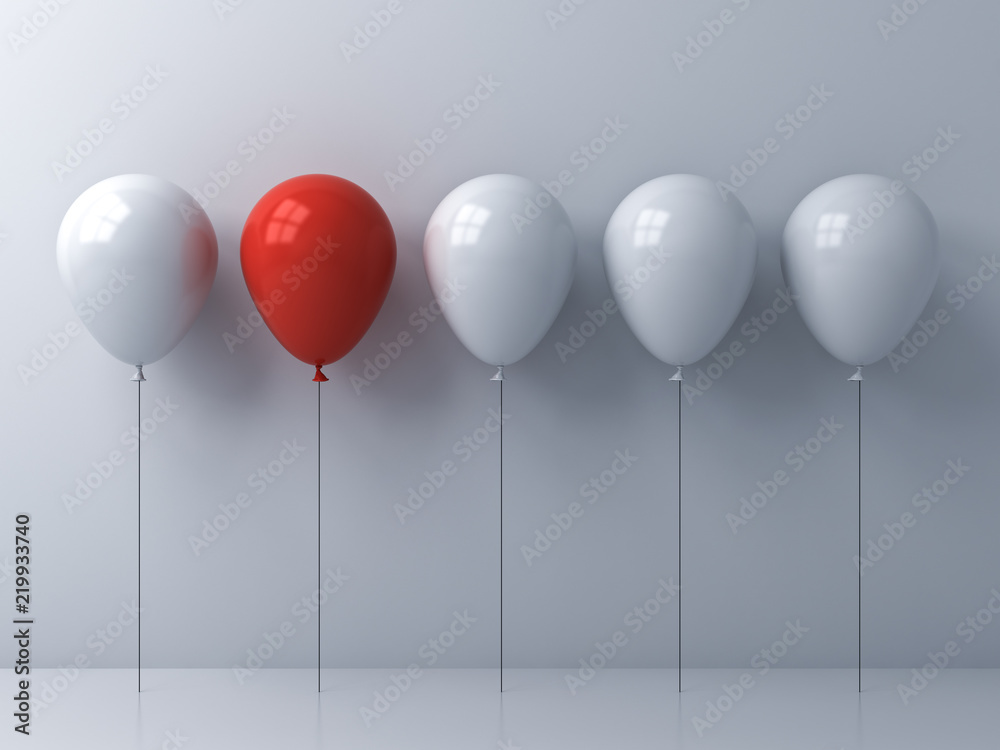 Poster stand out from the crowd and different idea concepts one red balloon among other white balloons on w