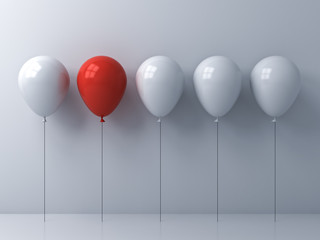 Stand out from the crowd and different idea concepts One red balloon among other white balloons on white wall background with reflections and shadows 3D rendering - obrazy, fototapety, plakaty