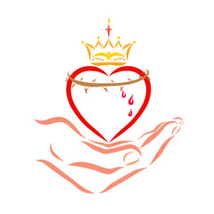 Heart with a crown and crown of thorns in the hand of the Savior