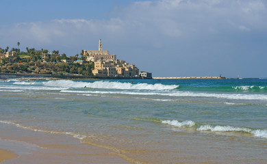 Ancient Jaffa, Old City (Tel Aviv-Yafo). View of  Alma Beach in Charles Clore Park. Tel Aviv, Israel